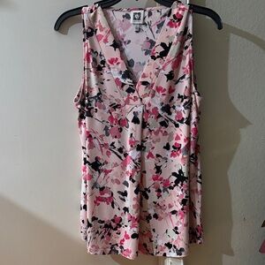 Anne Klein Pink and Black Floral V-Neck Blouse Size Small
